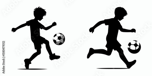 black boy fullbody shot play soccer. Cartoon Clipart Silhouette Vector Illustration Coffee Line Art Illustration. Young african american male entire figure kicks round ball in outdoor game.