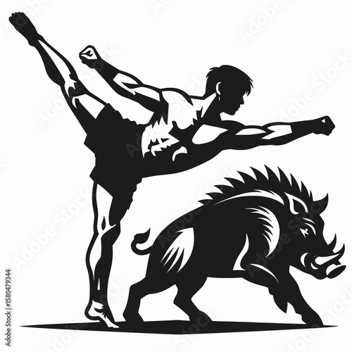 boar muay thai pose. Cartoon Clipart Silhouette Vector Illustration Coffee Line Art Illustration. Feral swine combat sport posture boxing stance image wild pig martial form.