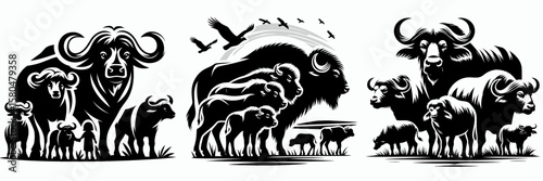 Buffalo family showing community bond. Cartoon Clipart Silhouette Vector Illustration Coffee Line Art Illustration. Local kinship demonstrating neighborly connection area group action.