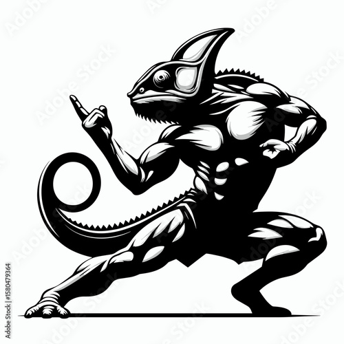 Chameleon muay thai pose. Cartoon Clipart Silhouette Vector Illustration Coffee Line Art Illustration. Reptile martial stance combat posture changing color fighter form.