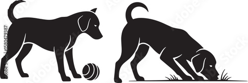 Two black dog silhouettes, one standing near a ball, the other sniffing the ground