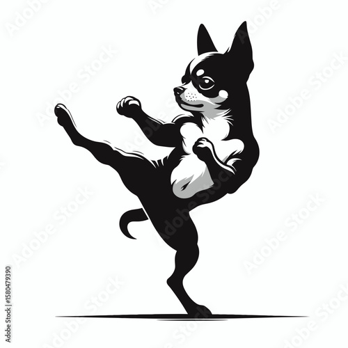 Chihuahua Dog muay thai pose. Cartoon Clipart Silhouette Vector Illustration Coffee Line Art Illustration. Tiny canine doing kickboxing stance little pet in fight posture.
