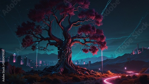 Futuristic Cyberpunk Tree in Neon Glowing Digital Landscape 8K V3