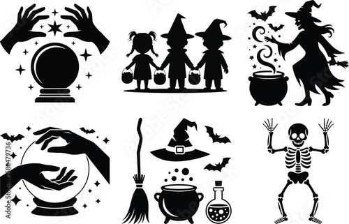 Halloween silhouette vector set with crystal ball, child, witch, cauldron, broom, potion, bat, and skeleton illustration