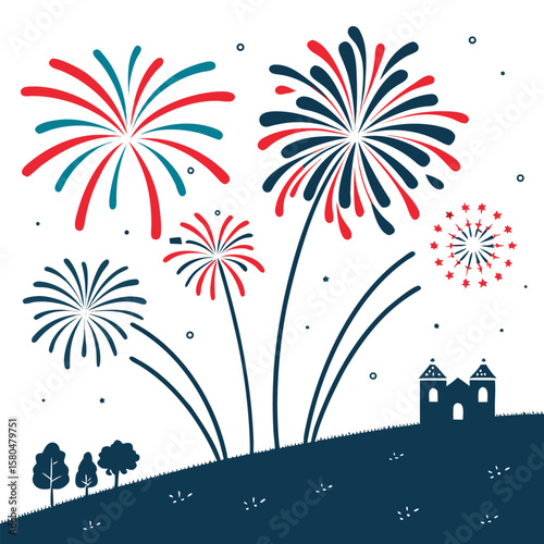 Illustration of fireworks display over a landscape with trees and a silhouette of a building at night
