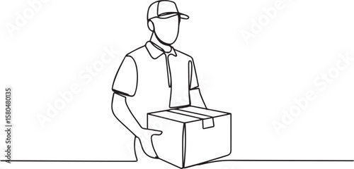  one line drawing of delivery person holding cardboard package at counter in side profile view