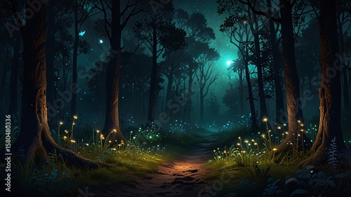 Mystical Enchanted Forest with Fireflies Under Moonlit Night Sky V6