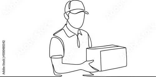  one line drawing of delivery person holding cardboard package at counter in side profile view