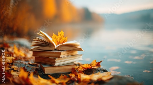 Fototapeta Naklejka Na Ścianę i Meble -  A stack of books with autumn leaves rests near a calm lakeshore, surrounded by vibrant fall foliage and soft, warm sunlight