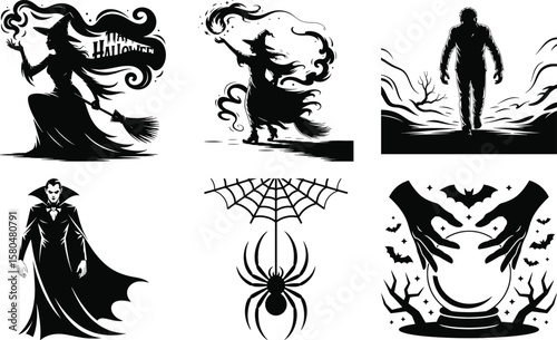 Halloween silhouette vector set with witch, zombie, vampire, spider, crystal ball, and hand illustration