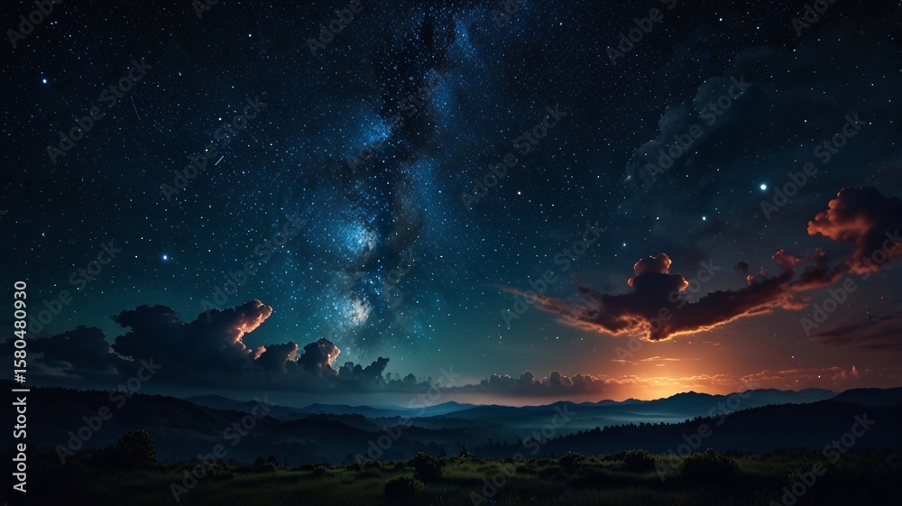 Fototapeta premium Starry Night Sky with Milky Way and Glowing Clouds - Digital Art V5