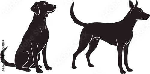 Two black dog silhouettes, one sitting and one standing, facing right