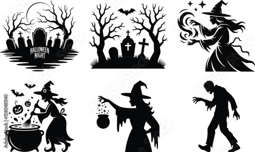 Halloween silhouette vector set with grave, tree, witch, cauldron, bat, zombie, and magic illustration