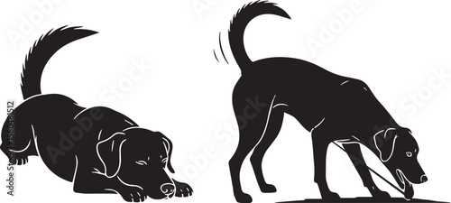 Two black dog silhouettes, one in a play bow and one sniffing the ground