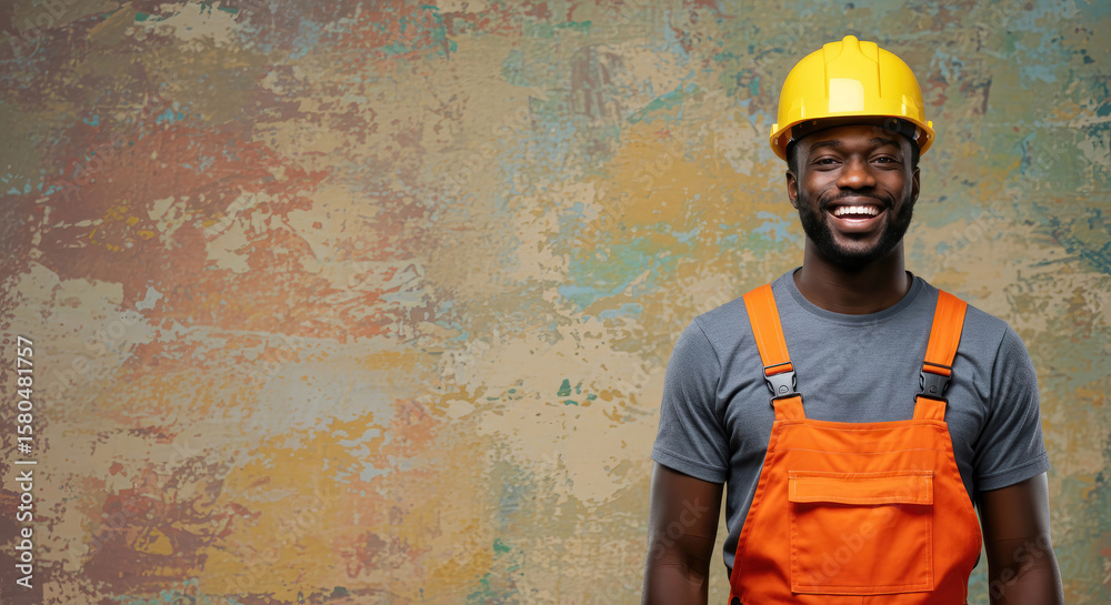smiling african american male construction worker in yellow hard hat and orange overalls against colorful textured background with copy space. confidence and industry concept. architecture, business smiling african american male construction worker in yellow hard hat and orange overalls against colorful textured background with copy space. confidence and industry concept. architecture, business