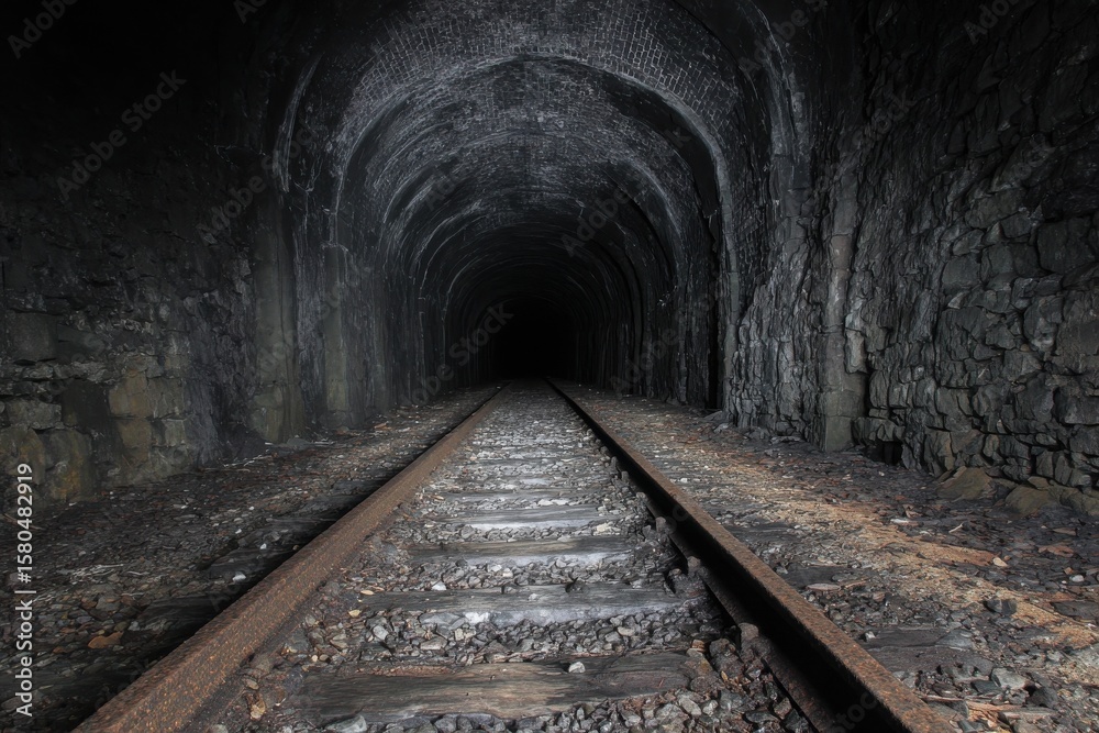 Naklejka premium Old railway tunnel with rusty tracks vanishing into pitch-black darkness.