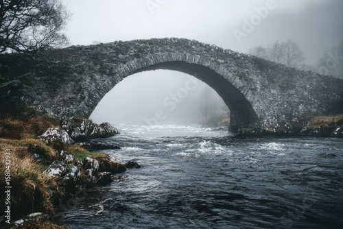 Old stone bridge arching over black churning river with thick mist.