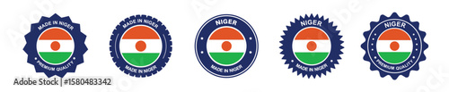 niger product label set. niger flag, premium made in new niger . Labels, seals, stamps, flags, icons