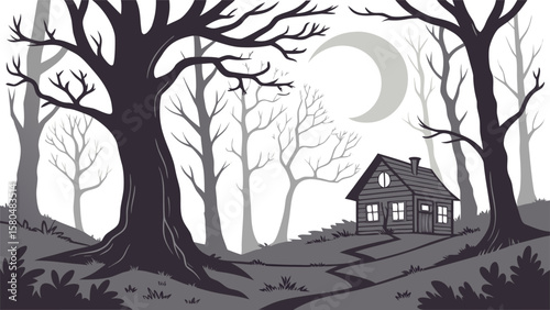 A spooky scene with a cabin in the woods under a crescent moon surrounded by bare trees in grayscale