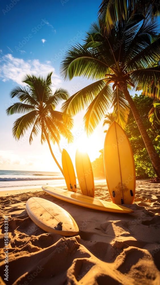 Obraz premium Tropical beach sunset with surfboards
