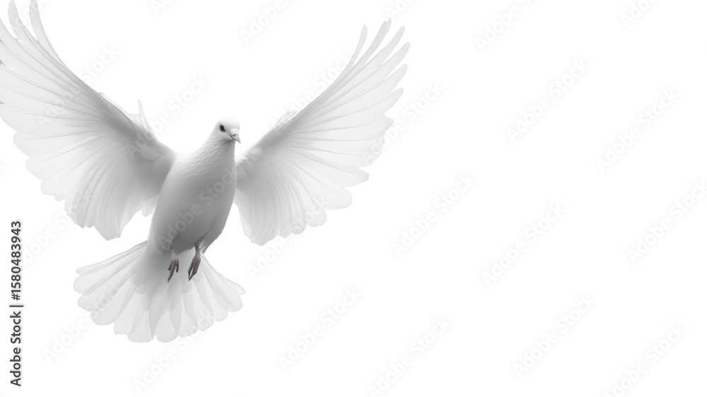 Obraz premium White pigeon flying with open wings in mid-air motion isolated on white background 