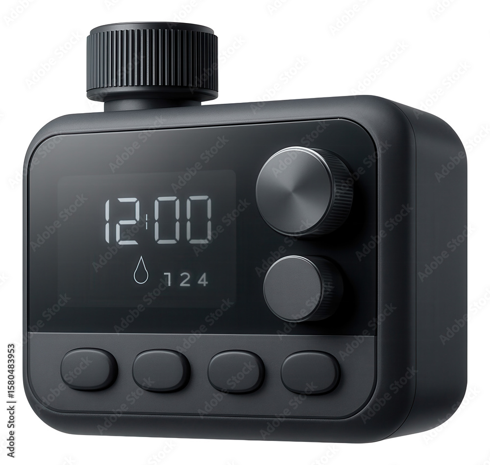 Fototapeta premium A programmable irrigation controller for managing garden watering schedules in a suburban backyard.