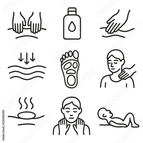 Massage Therapy Icons. Line style icons of massage and bodywork: hands giving massage, massage oil bottle, deep tissue icon, back