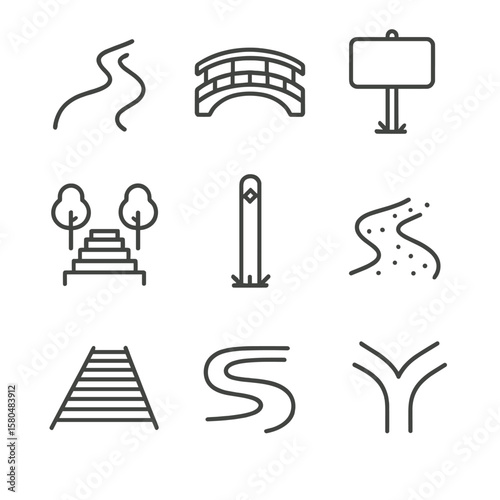 Trail Feature Icons. Line style icons of trail features: dirt path, footbridge, trailhead sign, forest stairs, trail marker post,