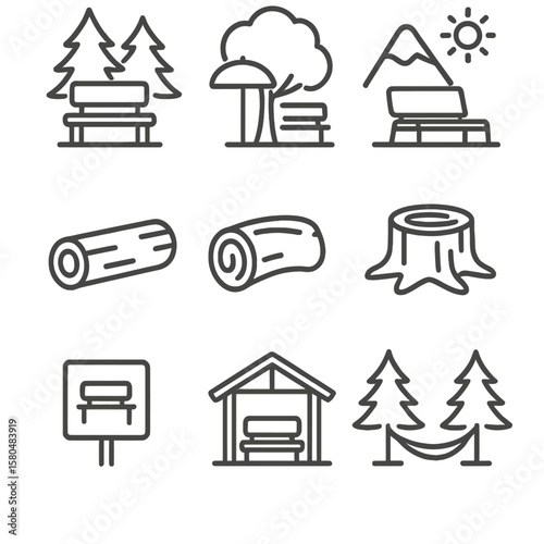 Line Style Rest Icons. Line style icons of rest stops and benches: forest bench, shaded rest spot, overlook seat, tree stump seat,