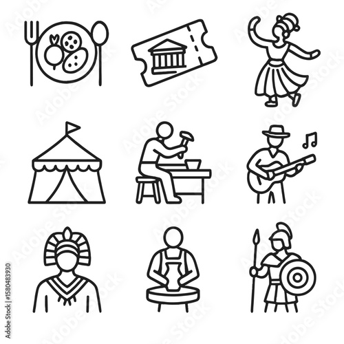 Cultural Experience Icons. Line style icons of cultural experiences: local food tasting, museum ticket, traditional performance,