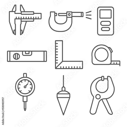 Measurement Tools Icons. Line style icons of measurement and alignment tools: caliper, micrometer, laser distance meter, spirit