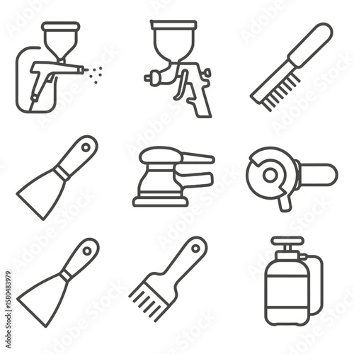Surface Preparation Tools. Line style icons of surface preparation tools: sandblaster, paint sprayer, wire brush, putty knife,