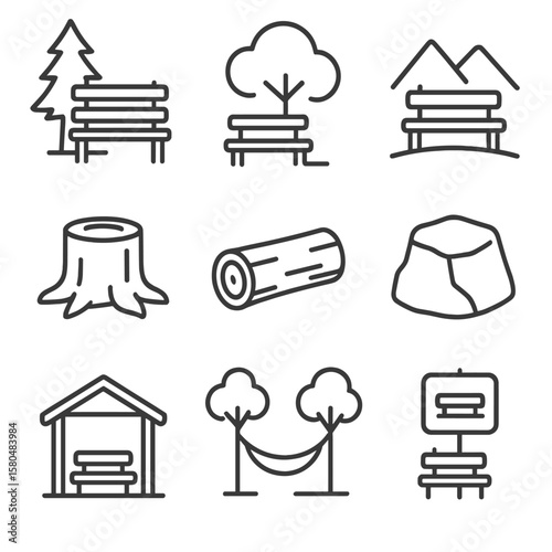 Line Style Rest Icons. Line style icons of rest stops and benches: forest bench, shaded rest spot, overlook seat, tree stump seat,