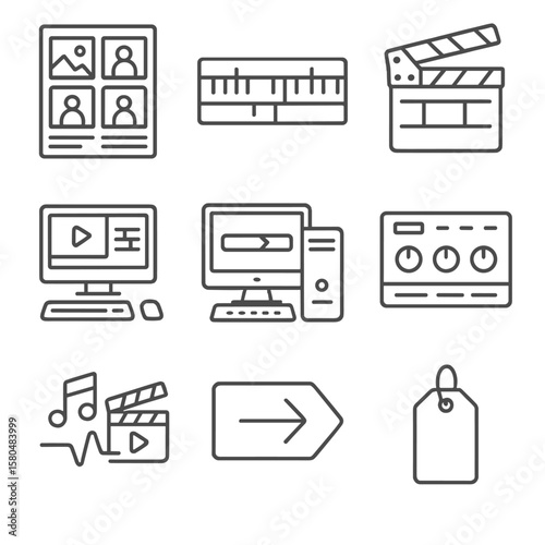 Media Production Icons. Line style icons of media production workflow: storyboarding icon, editing timeline, clapperboard,