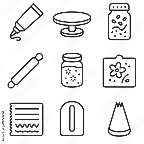 Bakery Tools Icons. Line style icons of decoration and icing: icing tube, cake turntable, sugar sprinkle jar, fondant roller,