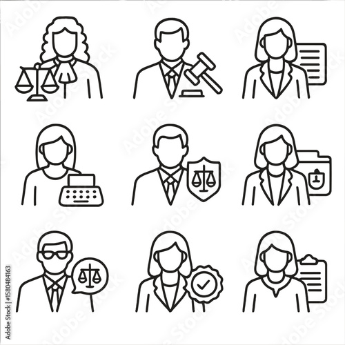 Legal Profession Icons. Line style icons of legal professions: judge, lawyer, paralegal, court reporter, public defender,