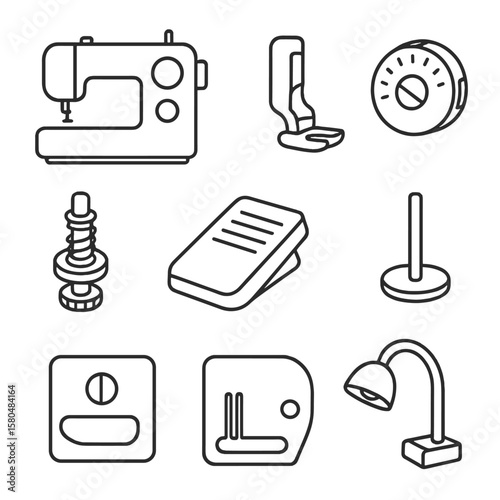 Sewing Machine Icons. Line style icons of sewing machines and parts: sewing machine, presser foot, bobbin case, stitch dial,