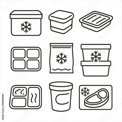 Freezer Container Icons. Line style icons of freezer-safe containers: deep freeze box, insulated lid, frost-proof tray, portion