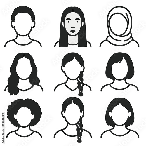 Diverse Hair Icons. Line style icons of culturally diverse hair lengths: African short coils, Asian straight long hair, South