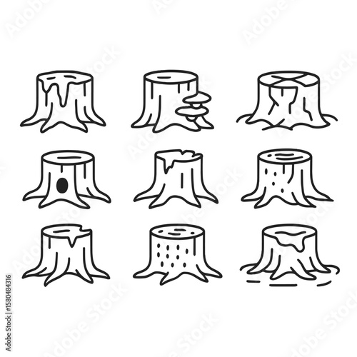 Decayed Stump Icons. Line style icons of decayed stumps: rotting stump, fungus-infested stump, partially buried stump, stump with