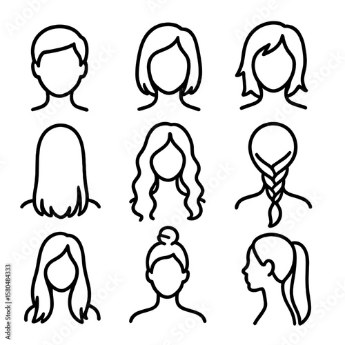 Women's Hair Icons. Line style icons of women’s hair lengths: pixie cut, chin-length bob, layered shoulder hair, mid-back straight