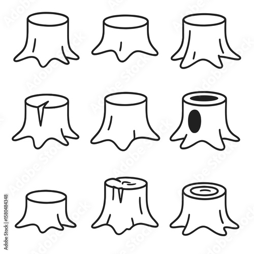 Stylized Tree Stump Icons. Line style icons of basic tree stumps: single cut stump, flat top stump, uneven sawed stump, cracked