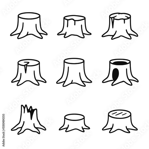 Stylized Tree Stump Icons. Line style icons of basic tree stumps: single cut stump, flat top stump, uneven sawed stump, cracked