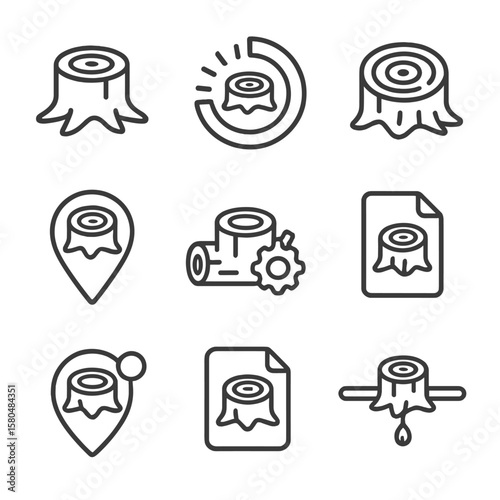 Stump Interface Icons. Line style icons of digital interface inspired by stumps: tree stump button, nature loading icon, stump