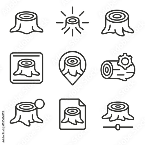 Stump Interface Icons. Line style icons of digital interface inspired by stumps: tree stump button, nature loading icon, stump