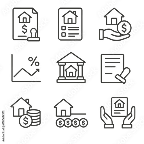 Real Estate Finance Icons. Line style icons of real estate financing: mortgage document, loan application, down payment icon,