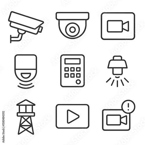 Security System Icons. Line style icons of surveillance and monitoring: CCTV camera, dome security cam, video feed icon, motion
