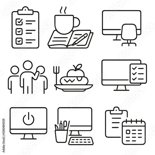 Workspace Routine Icons. Line style icons of workspace routines: morning startup checklist, coffee and notes, focused work block,
