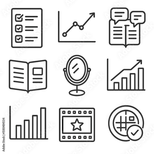 Progress and Reflection Icons. Line style icons of tracking and reflection: weekly review checklist, progress graph, feedback