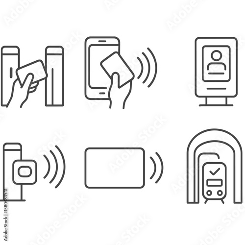 Contactless Transit Icons. Line style icons of public transport and access: tap card on metro gate, phone tap on bus reader,